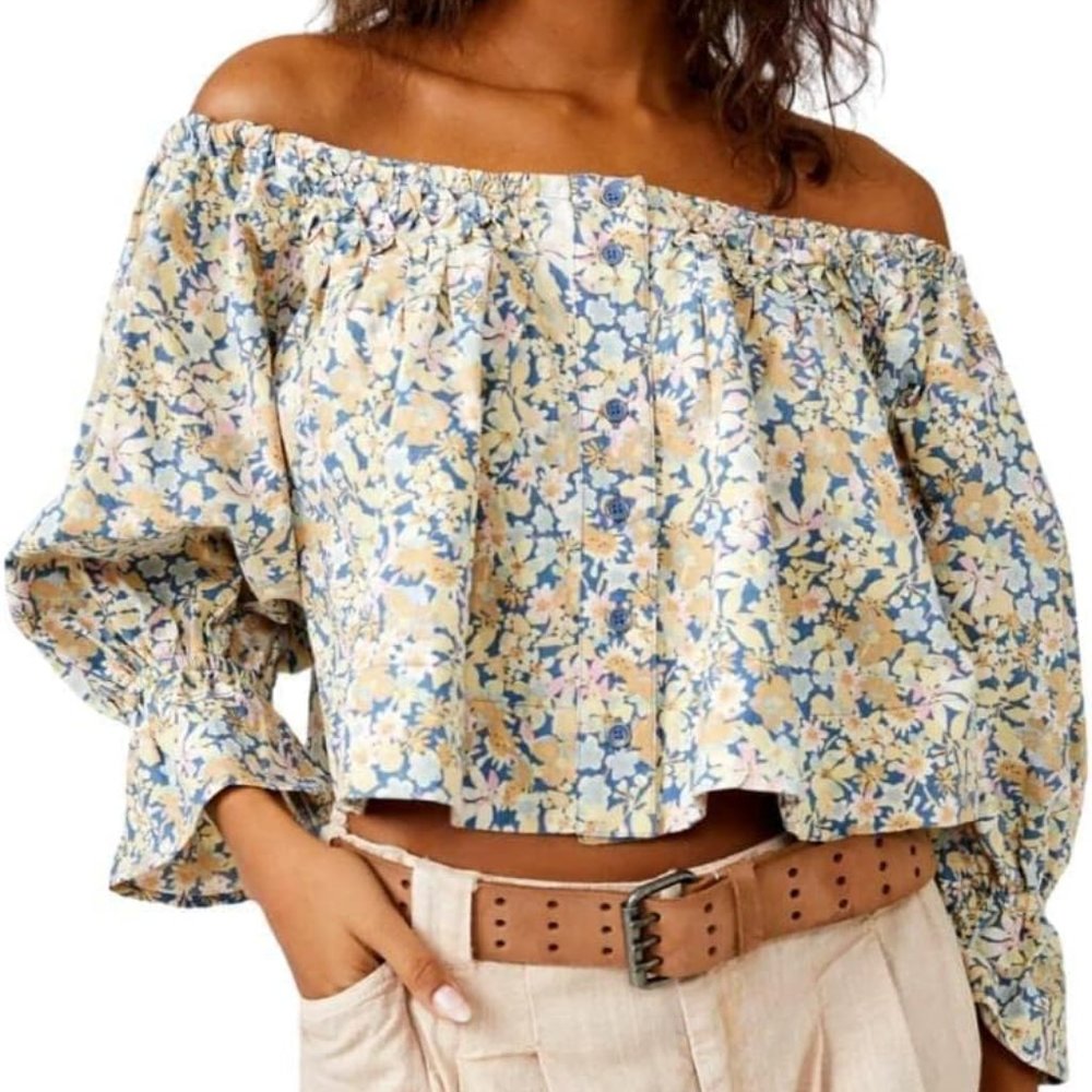 Free People Floral Off-Shoulder Crop Top in Blue, Yellow, Cream